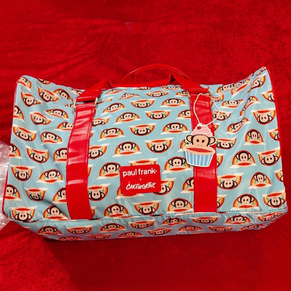 CAKEWORTHY PAUL FRANK OVER NIGHT BAG HANDELS AND CROSSBODY STRAP GOLD TONE ZIP